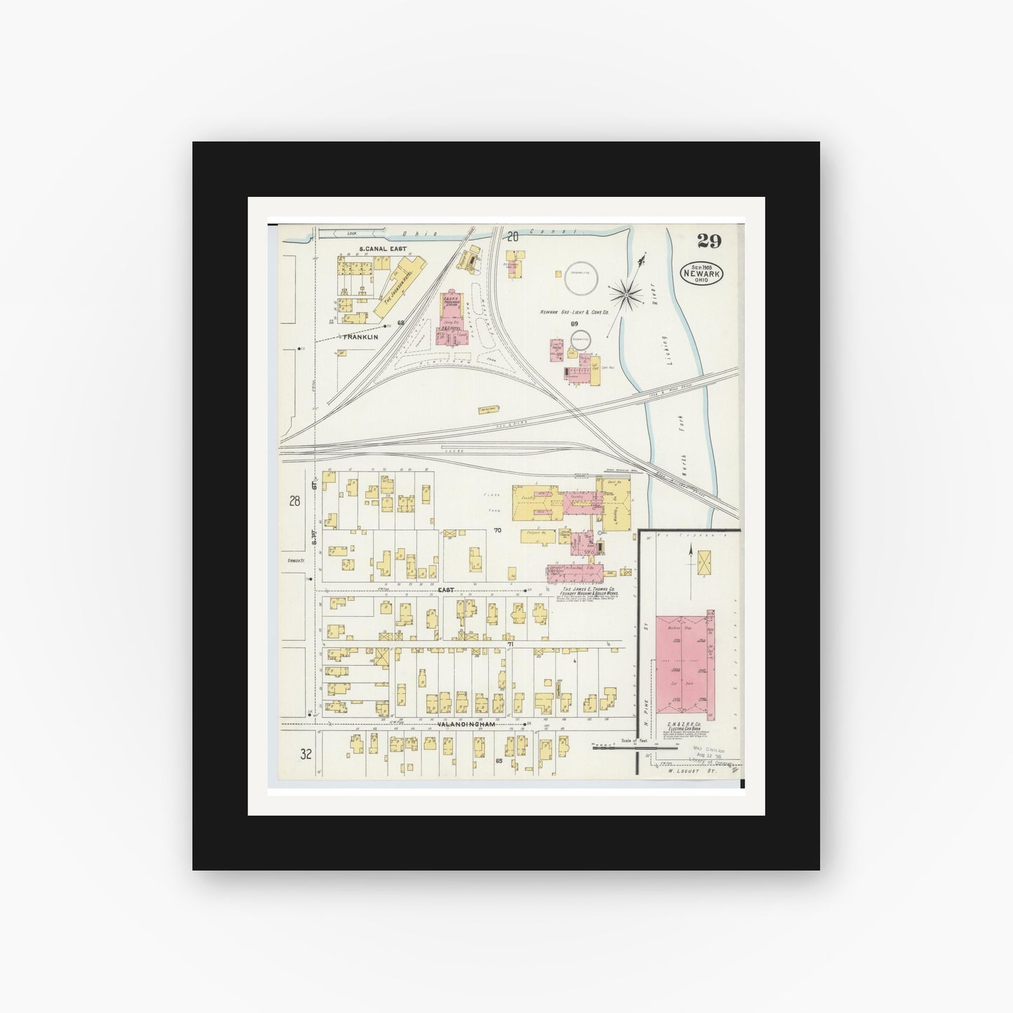 Old map wall art mockup — black gallery frame with white mat — Sanborn Fire Insurance Map from Newark, Licking County, Ohio (1905), Sheet #0029