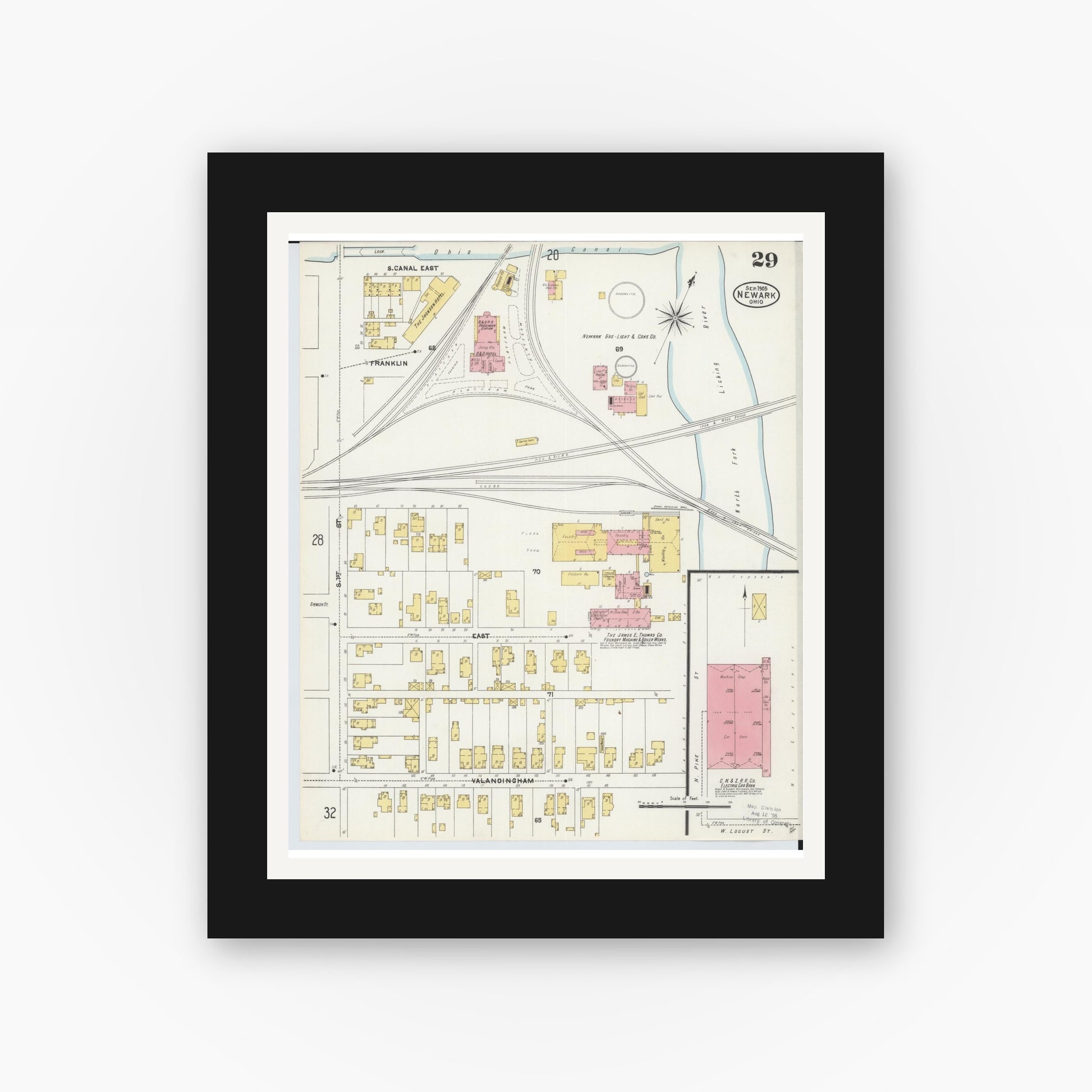 Old map wall art mockup — black gallery frame with white mat — Sanborn Fire Insurance Map from Newark, Licking County, Ohio (1905), Sheet #0029