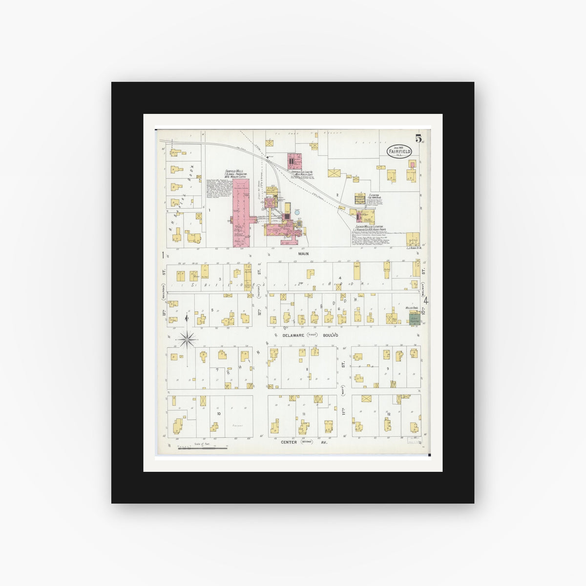 Old map wall art mockup — black gallery frame with white mat — Sanborn Fire Insurance Map from Fairfield, Wayne County, Illinois (1901), Sheet #0005