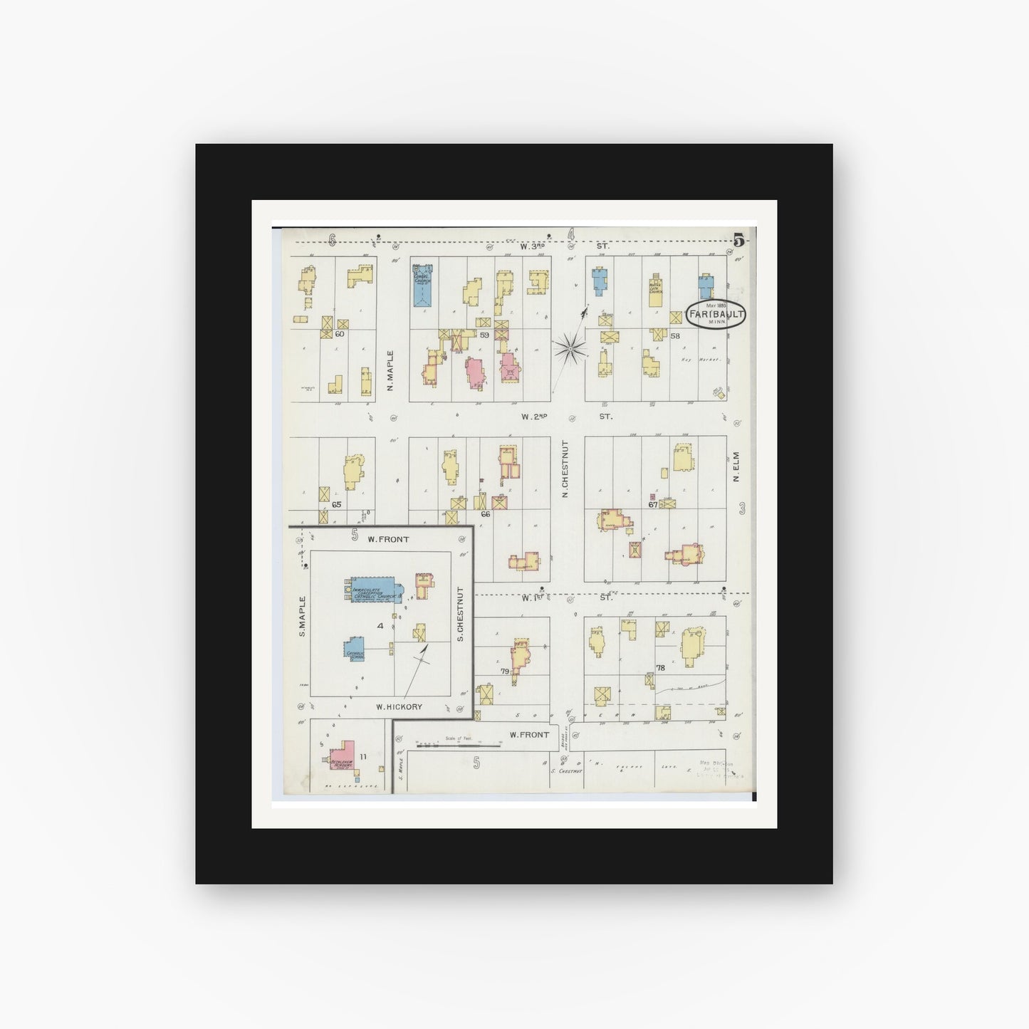 Old map wall art mockup — black gallery frame with white mat — Sanborn Fire Insurance Map from Faribault, Rice County, Minnesota (1893), Sheet #0005