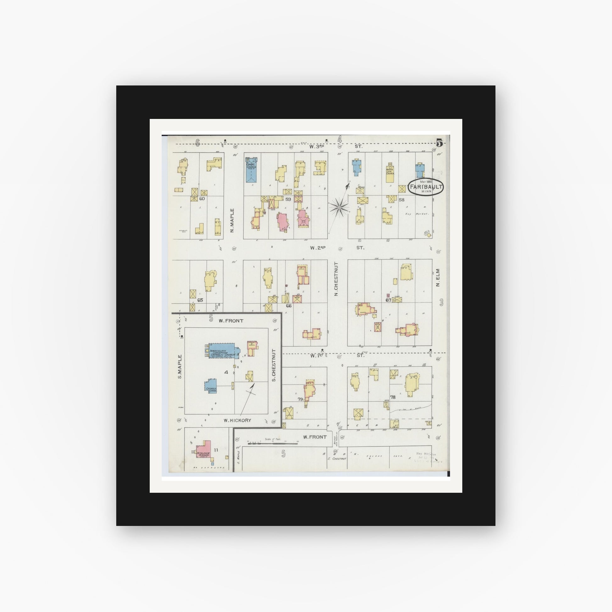 Old map wall art mockup — black gallery frame with white mat — Sanborn Fire Insurance Map from Faribault, Rice County, Minnesota (1893), Sheet #0005
