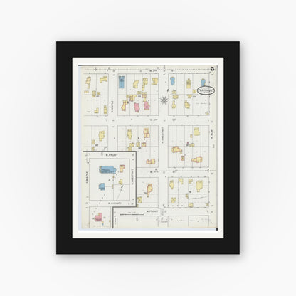 Old map wall art mockup — black gallery frame with white mat — Sanborn Fire Insurance Map from Faribault, Rice County, Minnesota (1893), Sheet #0005