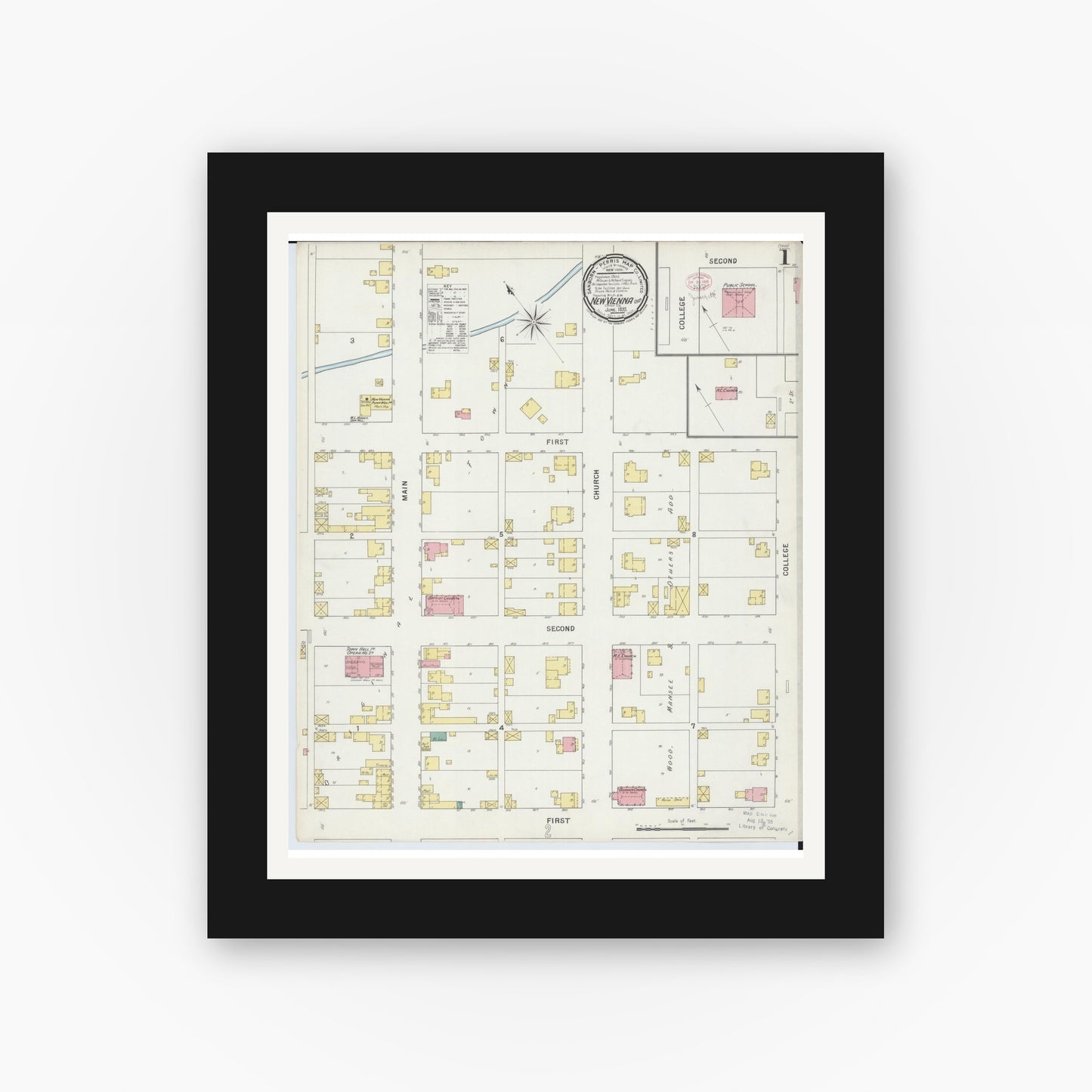Old map wall art mockup — black gallery frame with white mat — Sanborn Fire Insurance Map from New Vienna, Clinton County, Ohio (1895) - Complete Map Set