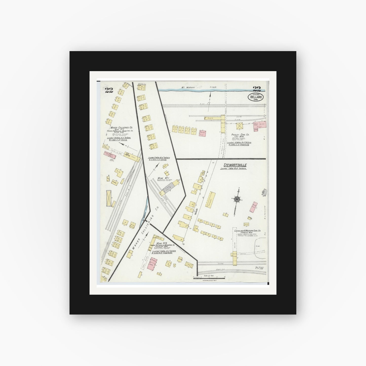 Old map wall art mockup — black gallery frame with white mat — Sanborn Fire Insurance Map from Bellaire, Belmont County, Ohio (1924), Sheet #0022