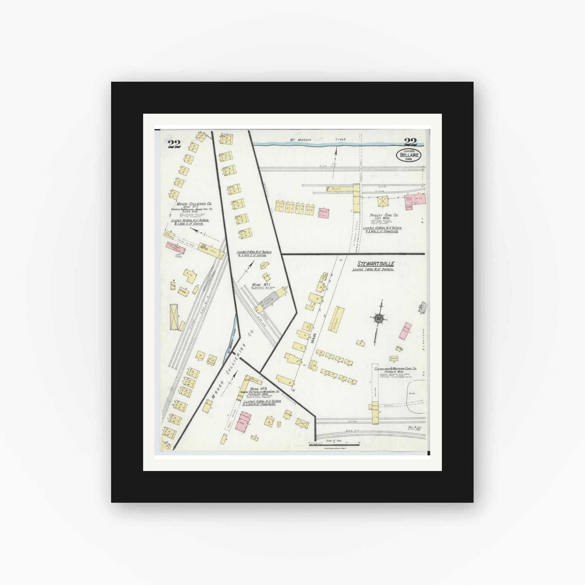 Old map wall art mockup — black gallery frame with white mat — Sanborn Fire Insurance Map from Bellaire, Belmont County, Ohio (1924), Sheet #0022