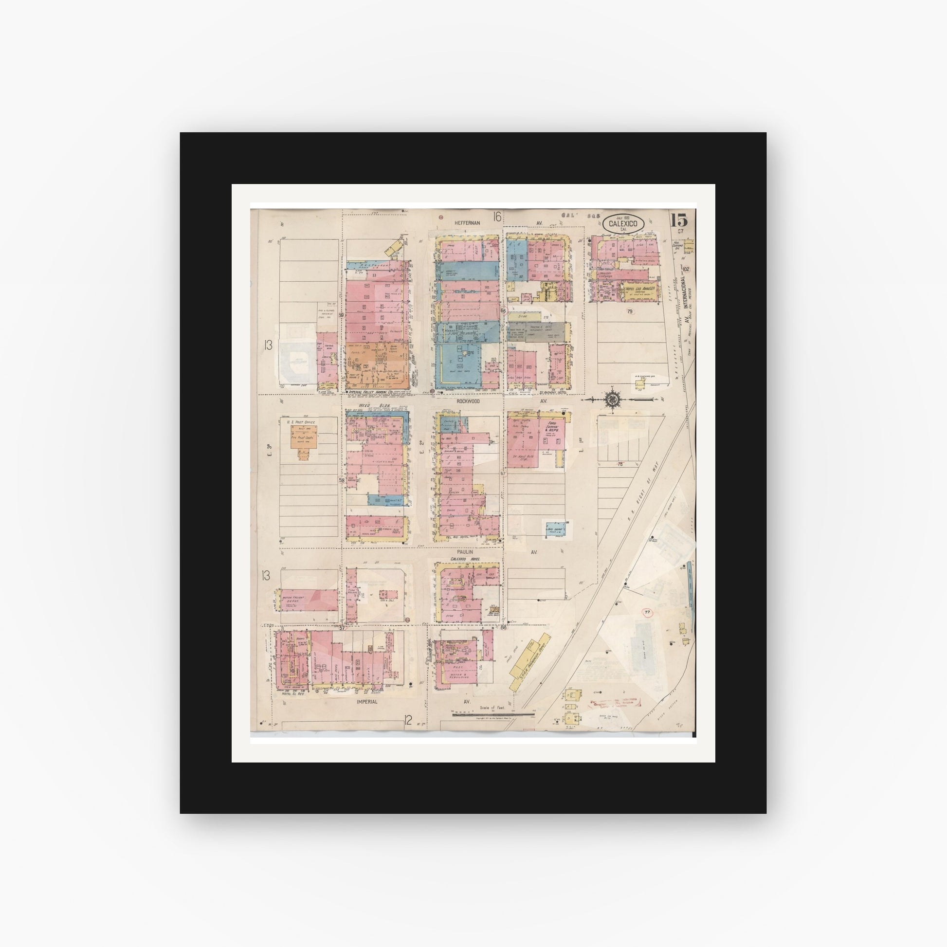 Old map wall art mockup — black gallery frame with white mat — Sanborn Fire Insurance Map from Calexico, Imperial County, California (1949), Sheet #0015