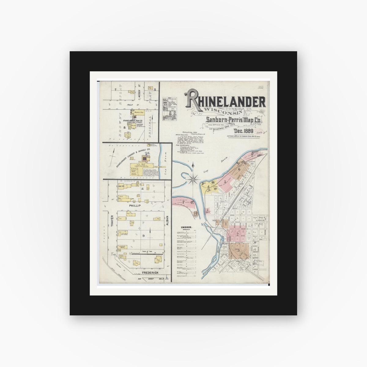 Old map wall art mockup — black gallery frame with white mat — Sanborn Fire Insurance Map from Rhinelander, Oneida County, Wisconsin (1889) - Complete Map Set