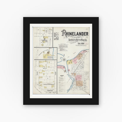 Old map wall art mockup — black gallery frame with white mat — Sanborn Fire Insurance Map from Rhinelander, Oneida County, Wisconsin (1889) - Complete Map Set