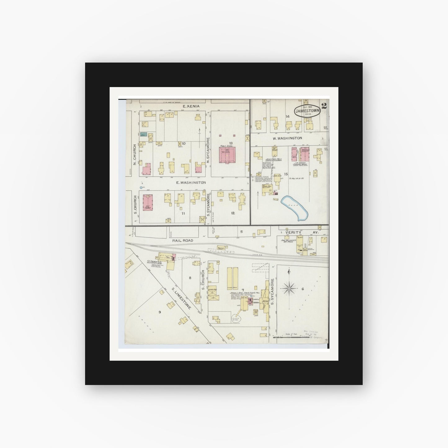 Old map wall art mockup — black gallery frame with white mat — Sanborn Fire Insurance Map from Jamestown, Greene County, Ohio (1893), Sheet #0002