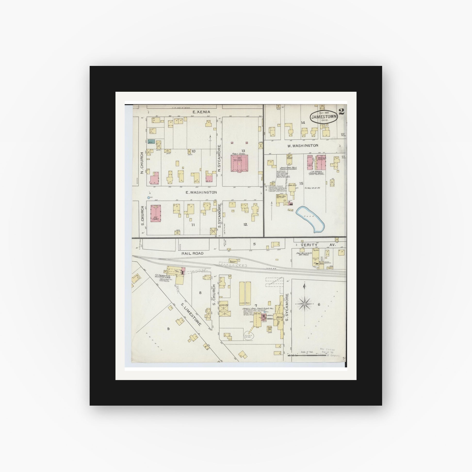 Old map wall art mockup — black gallery frame with white mat — Sanborn Fire Insurance Map from Jamestown, Greene County, Ohio (1893), Sheet #0002
