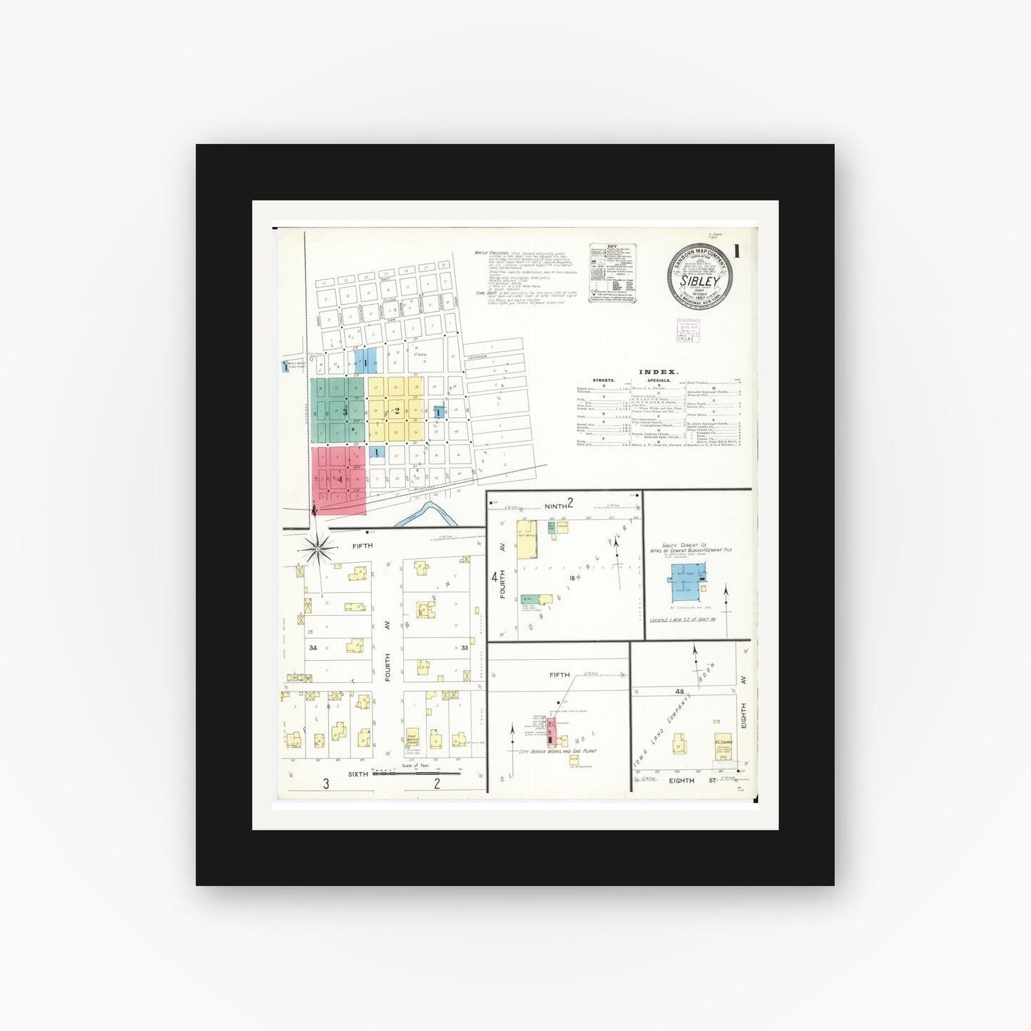 Old map wall art mockup — black gallery frame with white mat — Sanborn Fire Insurance Map from Sibley, Osceola County, Iowa (1907), Sheet #0001