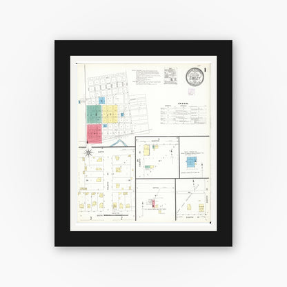 Old map wall art mockup — black gallery frame with white mat — Sanborn Fire Insurance Map from Sibley, Osceola County, Iowa (1907), Sheet #0001