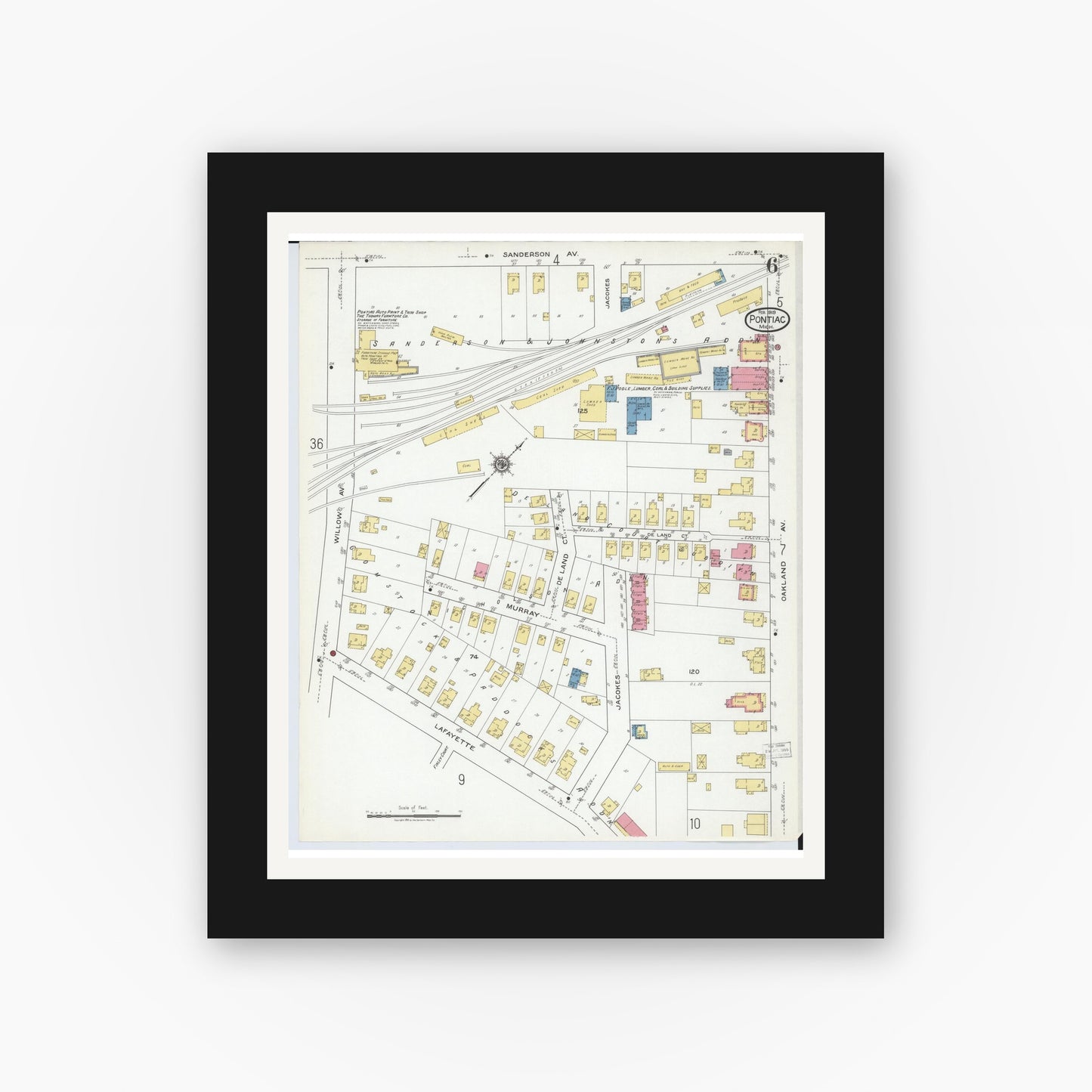 Old map wall art mockup — black gallery frame with white mat — Sanborn Fire Insurance Map from Pontiac, Oakland County, Michigan (1919), Sheet #0006