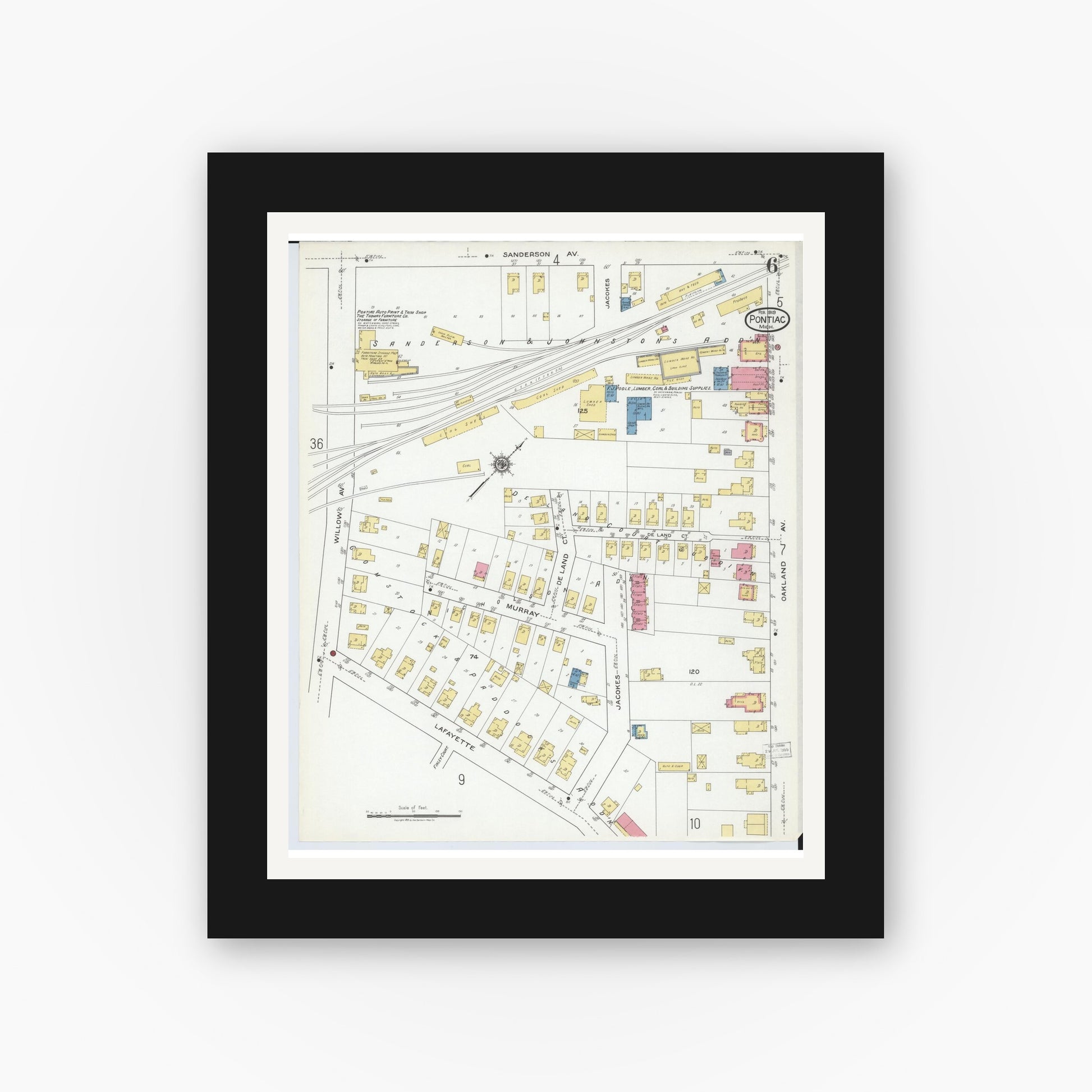 Old map wall art mockup — black gallery frame with white mat — Sanborn Fire Insurance Map from Pontiac, Oakland County, Michigan (1919), Sheet #0006