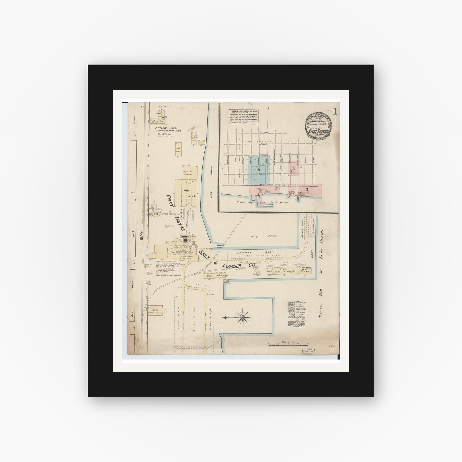 Old map wall art mockup — black gallery frame with white mat — Sanborn Fire Insurance Map from East Tawas, Iosco County, Michigan (1884), Sheet #0001