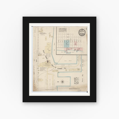 Old map wall art mockup — black gallery frame with white mat — Sanborn Fire Insurance Map from East Tawas, Iosco County, Michigan (1884), Sheet #0001