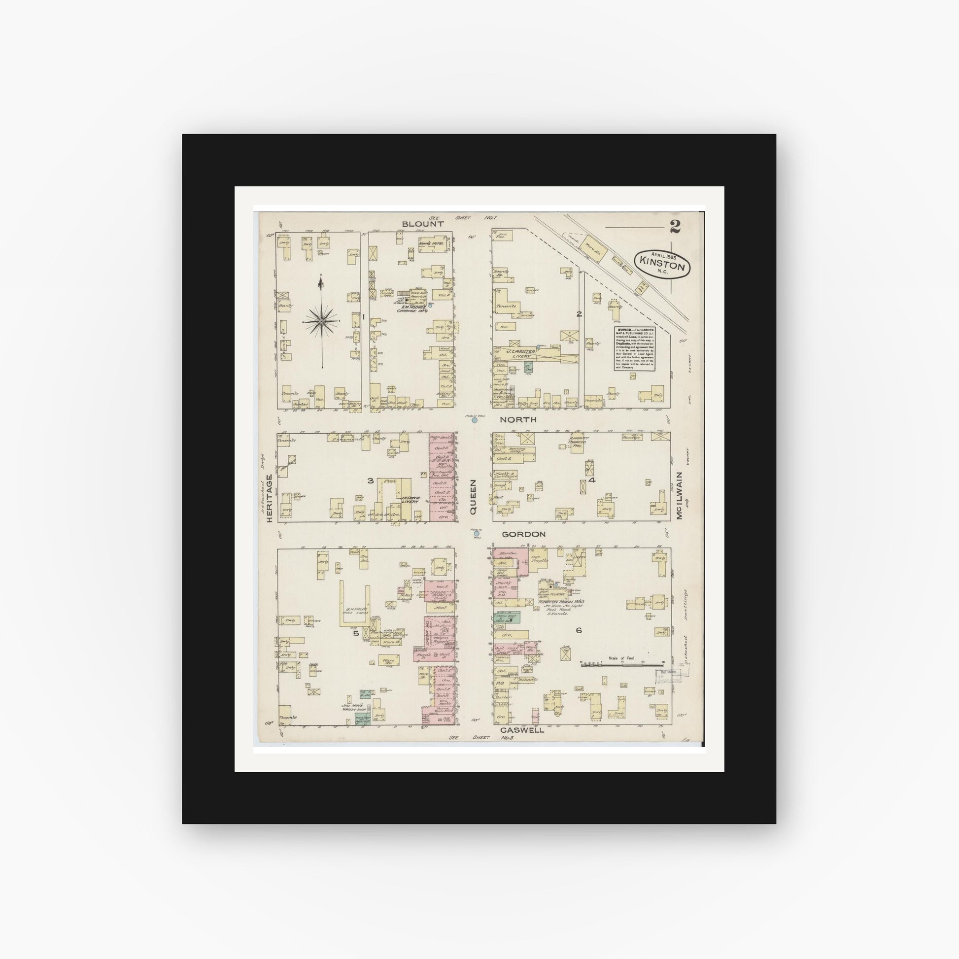 Old map wall art mockup — black gallery frame with white mat — Sanborn Fire Insurance Map from Kinston, Lenoir County, North Carolina (1885), Sheet #0002