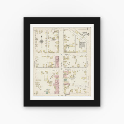 Old map wall art mockup — black gallery frame with white mat — Sanborn Fire Insurance Map from Kinston, Lenoir County, North Carolina (1885), Sheet #0002