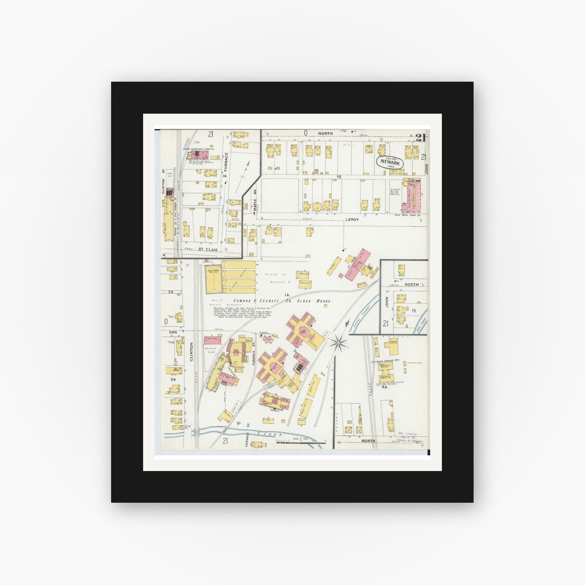 Old map wall art mockup — black gallery frame with white mat — Sanborn Fire Insurance Map from Newark, Licking County, Ohio (1899), Sheet #0021