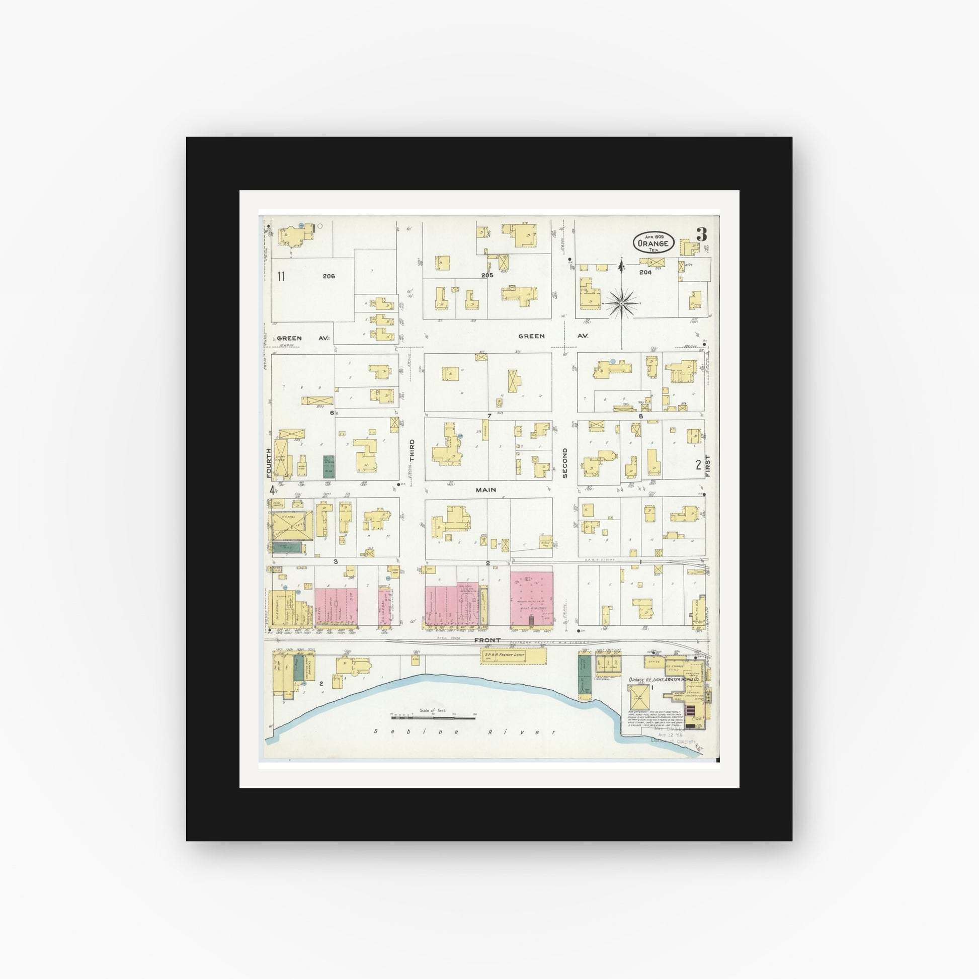 Old map wall art mockup — black gallery frame with white mat — Sanborn Fire Insurance Map from Orange, Orange County, Texas (1909), Sheet #0003