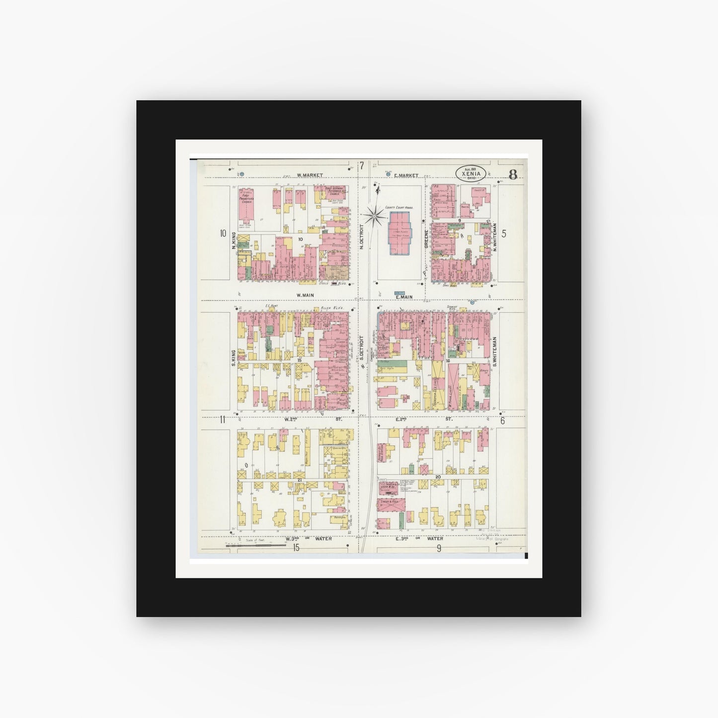 Old map wall art mockup — black gallery frame with white mat — Sanborn Fire Insurance Map from Xenia, Greene County, Ohio (1901), Sheet #0008