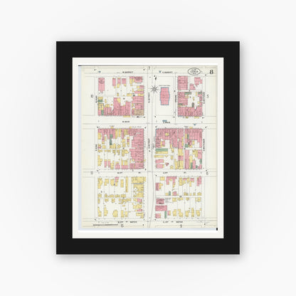 Old map wall art mockup — black gallery frame with white mat — Sanborn Fire Insurance Map from Xenia, Greene County, Ohio (1901), Sheet #0008