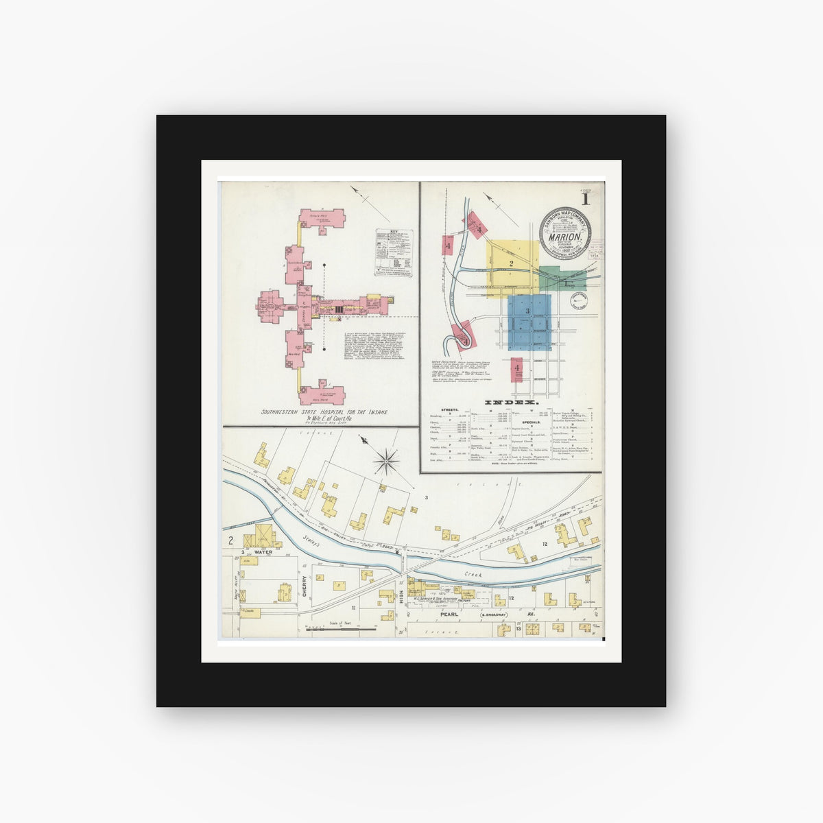 Old map wall art mockup — black gallery frame with white mat — Sanborn Fire Insurance Map from Marion, Smyth County, Virginia (1902), Sheet #0001