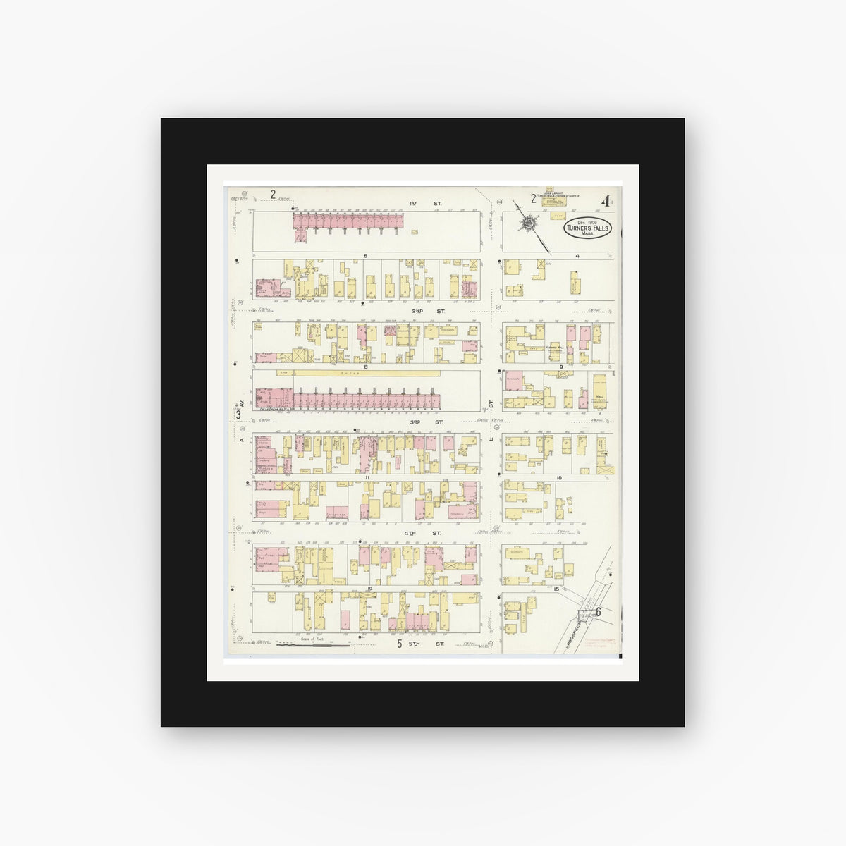 Old map wall art mockup — black gallery frame with white mat — Sanborn Fire Insurance Map from Turners Falls, Franklin County, Massachusetts (1909), Sheet #0004