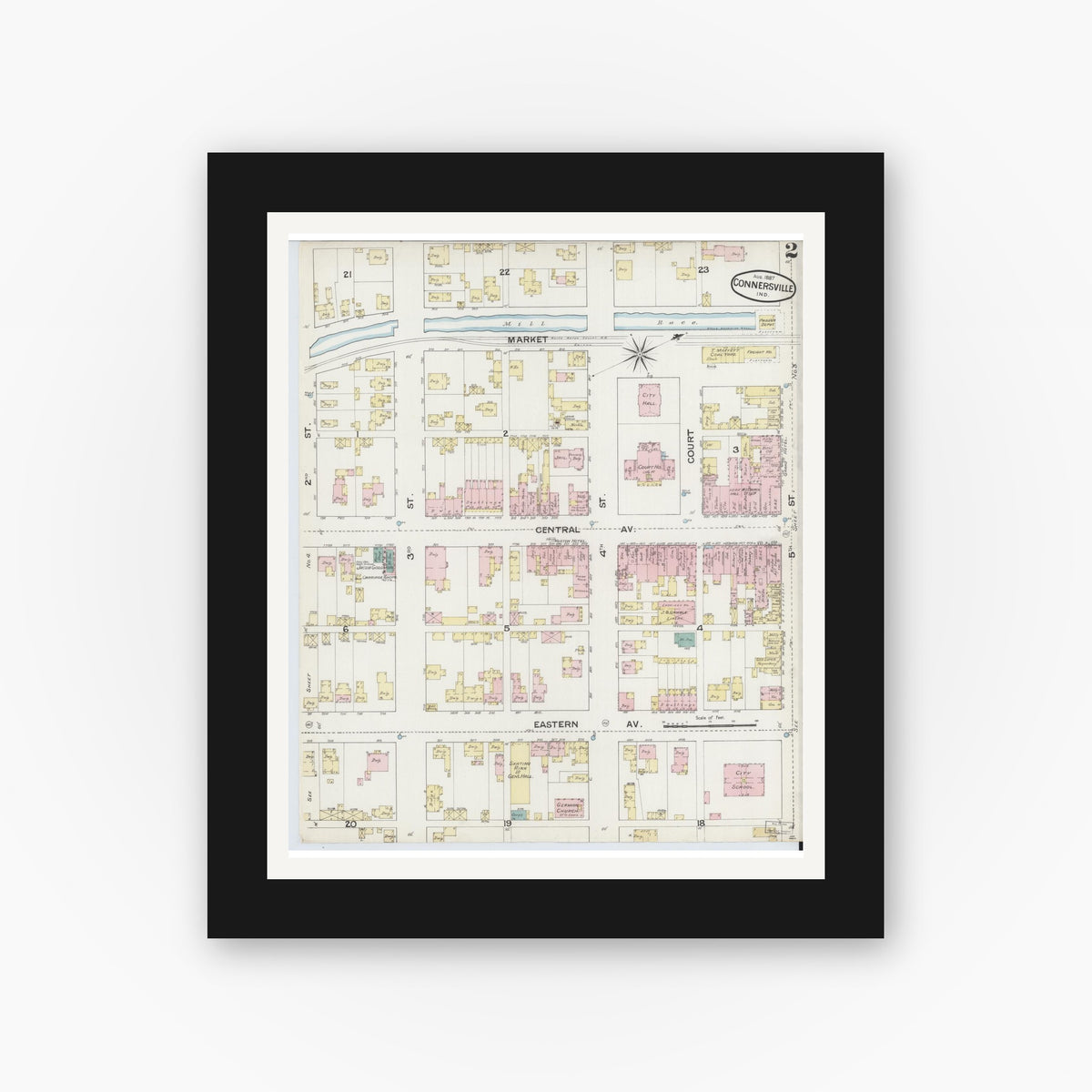 Old map wall art mockup — black gallery frame with white mat — Sanborn Fire Insurance Map from Connersville, Fayette County, Indiana (1887), Sheet #0002