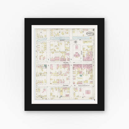 Old map wall art mockup — black gallery frame with white mat — Sanborn Fire Insurance Map from Connersville, Fayette County, Indiana (1887), Sheet #0002