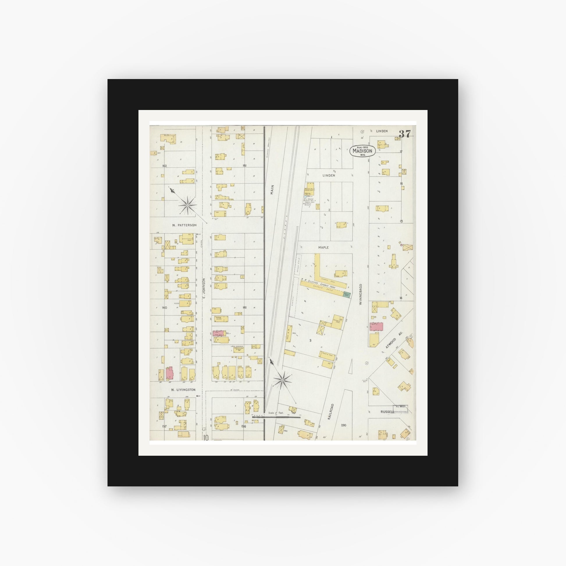 Old map wall art mockup — black gallery frame with white mat — Sanborn Fire Insurance Map from Madison, Dane County, Wisconsin (1902), Sheet #0037