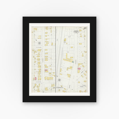 Old map wall art mockup — black gallery frame with white mat — Sanborn Fire Insurance Map from Madison, Dane County, Wisconsin (1902), Sheet #0037