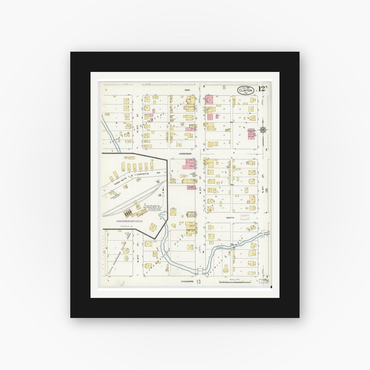 Old map wall art mockup — black gallery frame with white mat — Sanborn Fire Insurance Map from Clinton, Vermillion County, Indiana (1910), Sheet #0012