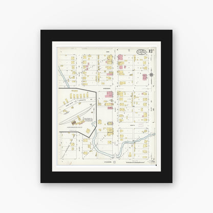 Old map wall art mockup — black gallery frame with white mat — Sanborn Fire Insurance Map from Clinton, Vermillion County, Indiana (1910), Sheet #0012