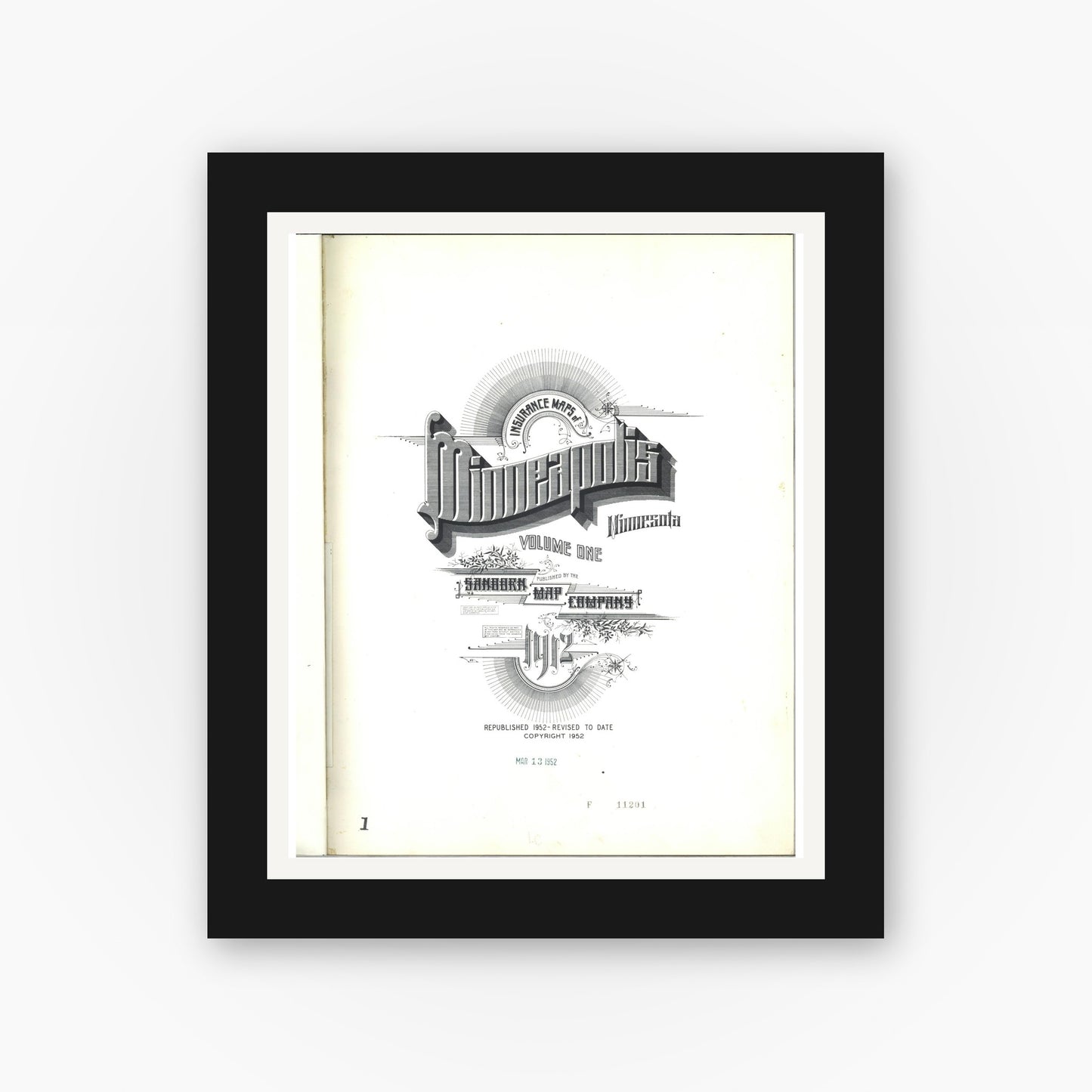 Old map wall art mockup — black gallery frame with white mat — Sanborn Fire Insurance Map from Minneapolis, Hennepin County, Minnesota (1952), Sheet #0001