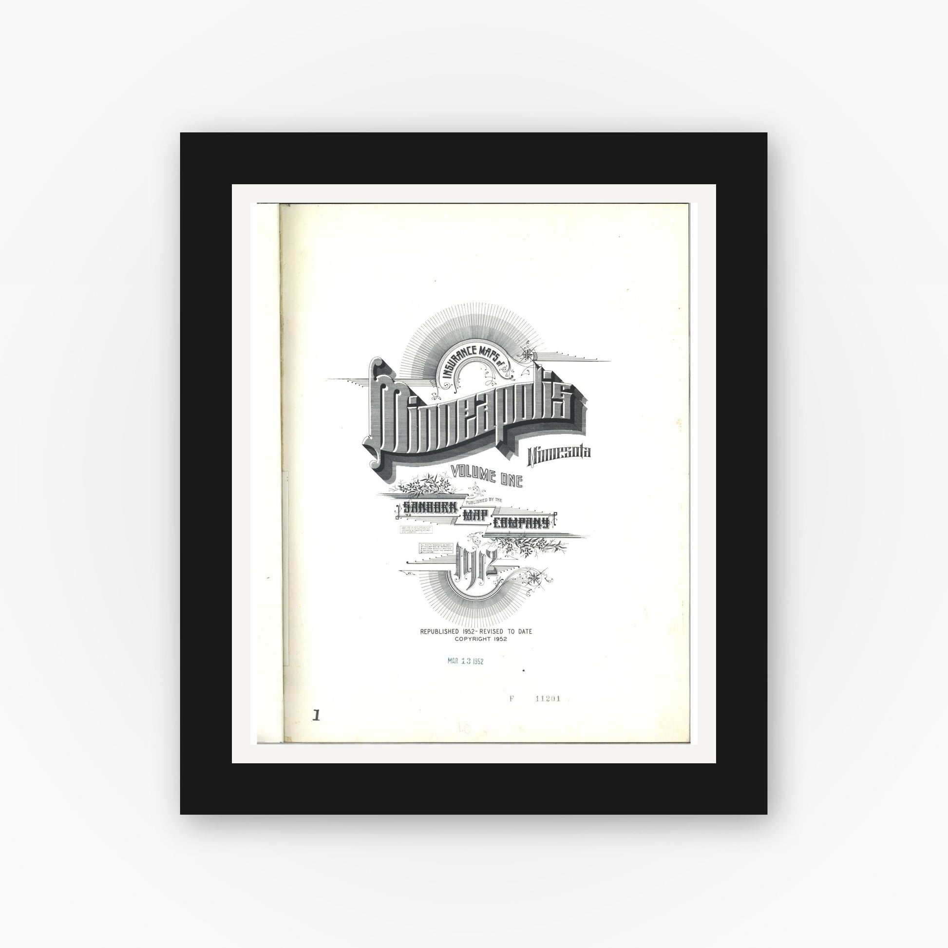 Old map wall art mockup — black gallery frame with white mat — Sanborn Fire Insurance Map from Minneapolis, Hennepin County, Minnesota (1952), Sheet #0001