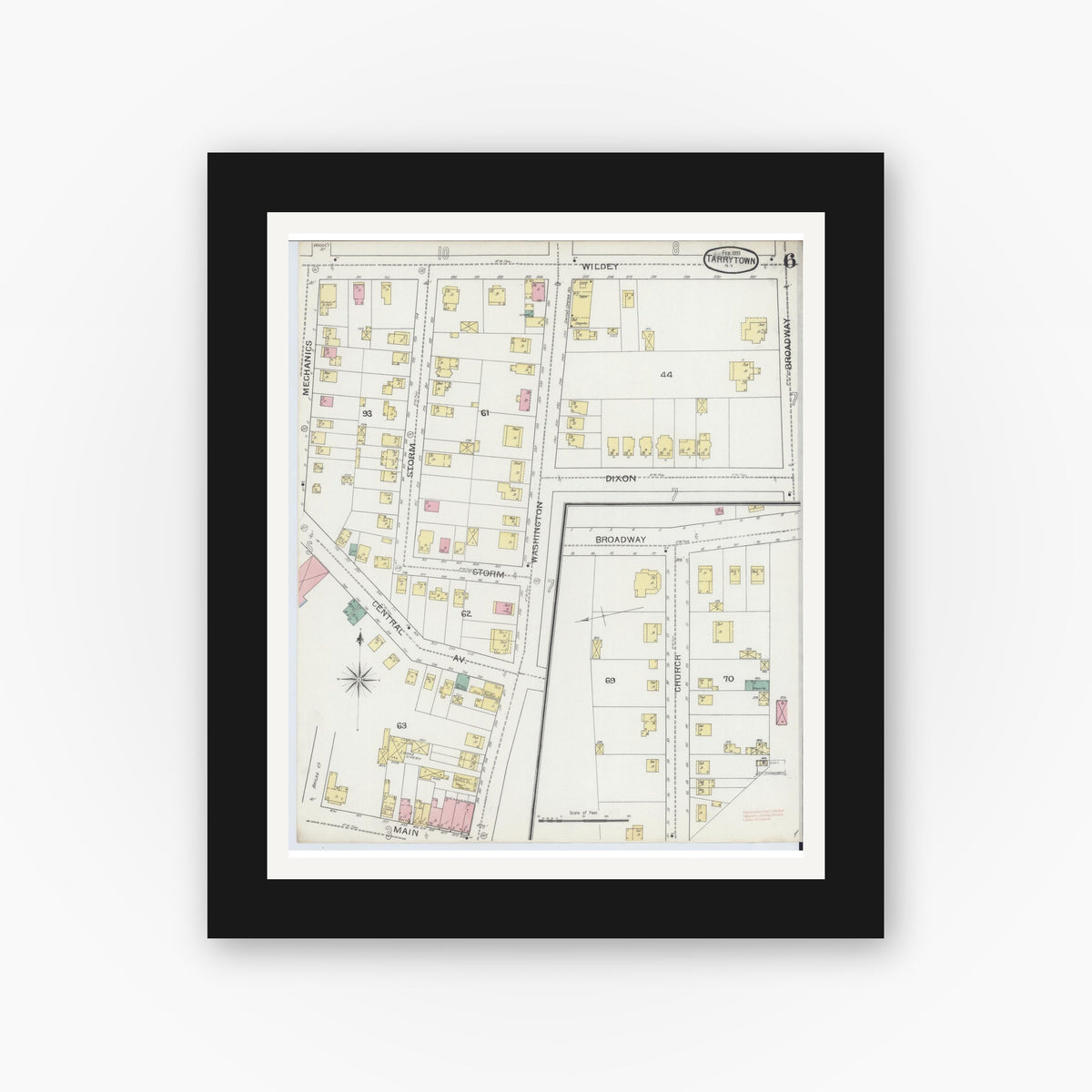 Old map wall art mockup — black gallery frame with white mat — Sanborn Fire Insurance Map from Tarrytown, Westchester County, New York (1893), Sheet #0006