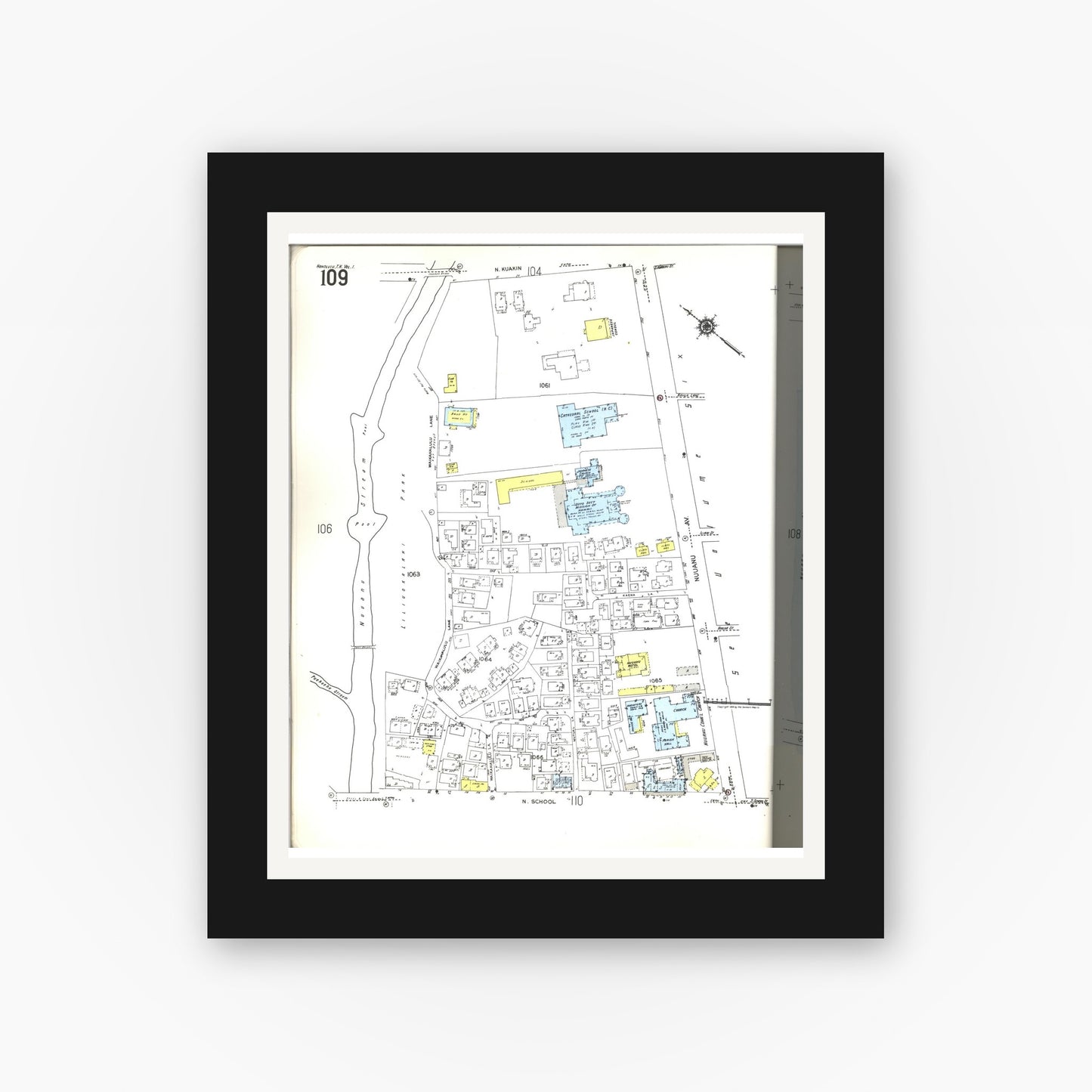 Old map wall art mockup — black gallery frame with white mat — Sanborn Fire Insurance Map from Honolulu, Oahu County, Hawaii (1955), Sheet #0109