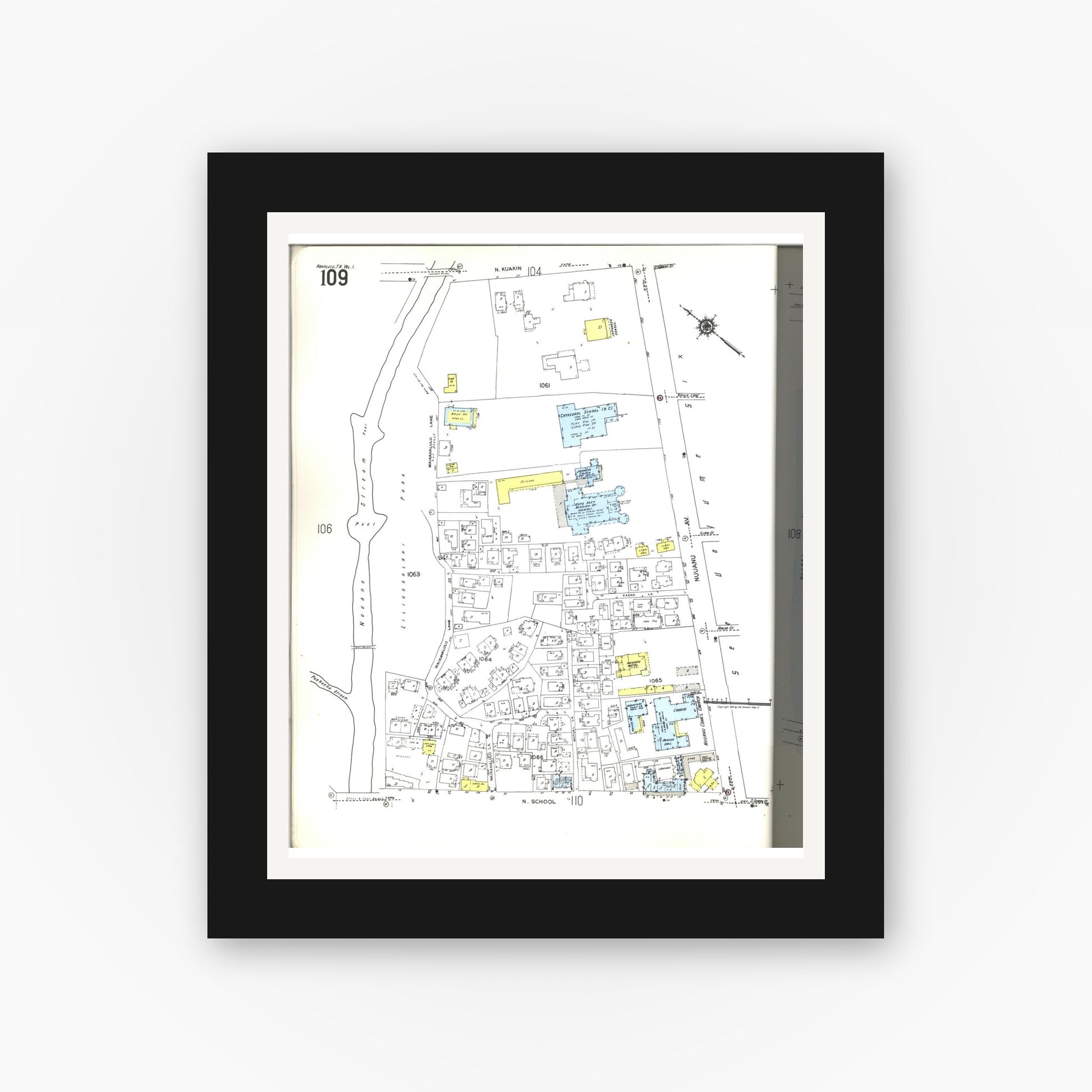 Old map wall art mockup — black gallery frame with white mat — Sanborn Fire Insurance Map from Honolulu, Oahu County, Hawaii (1955), Sheet #0109