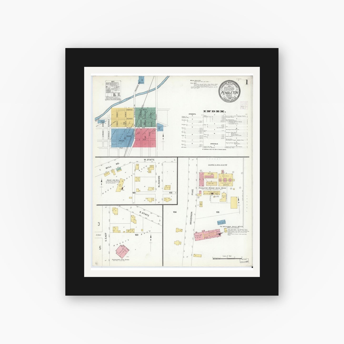 Old map wall art mockup — black gallery frame with white mat — Sanborn Fire Insurance Map from Pendleton, Madison County, Indiana (1908), Sheet #0001