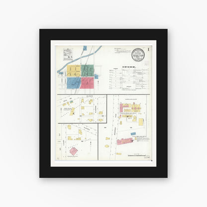 Old map wall art mockup — black gallery frame with white mat — Sanborn Fire Insurance Map from Pendleton, Madison County, Indiana (1908), Sheet #0001