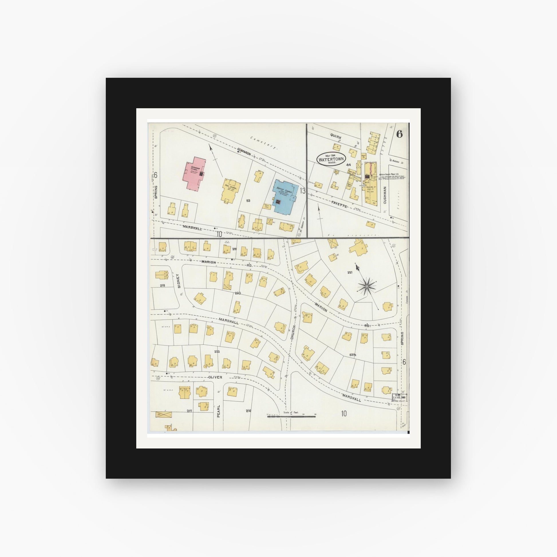 Old map wall art mockup — black gallery frame with white mat — Sanborn Fire Insurance Map from Watertown, Middlesex County, Massachusetts (1904), Sheet #0006