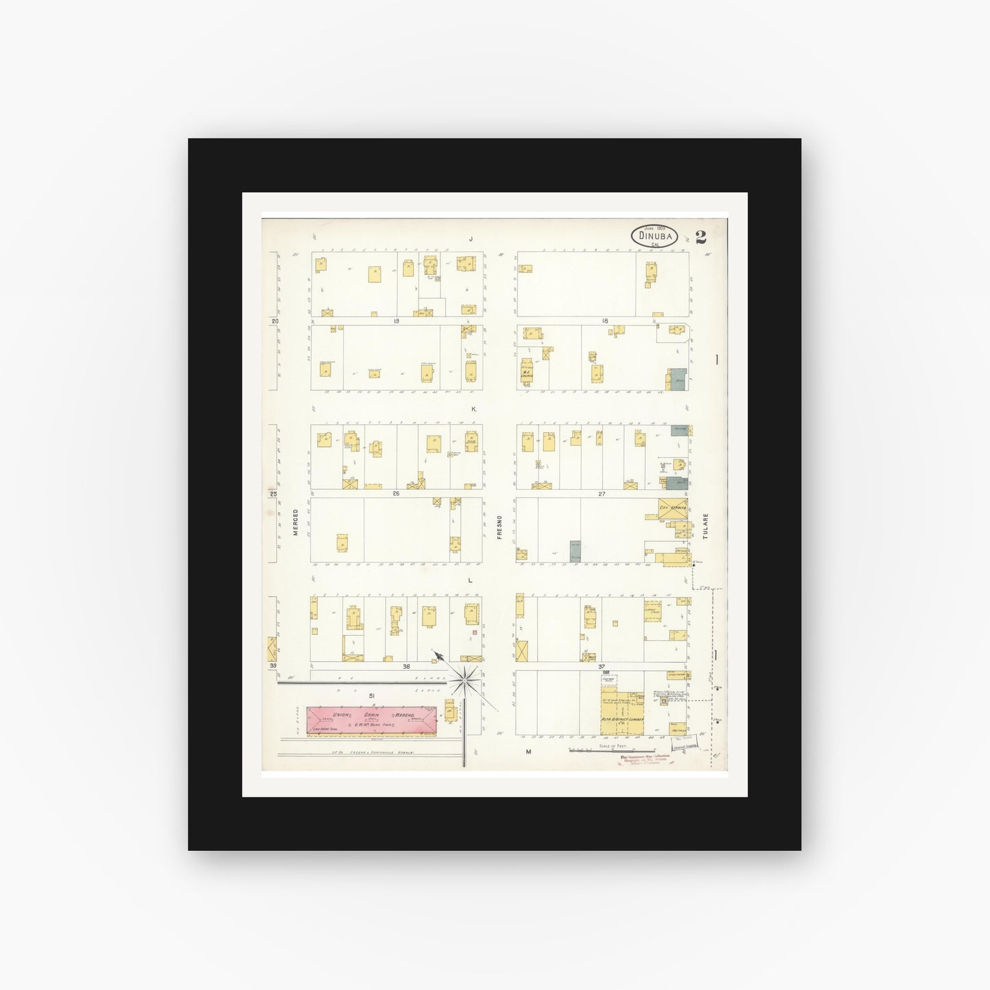 Old map wall art mockup — black gallery frame with white mat — Sanborn Fire Insurance Map from Dinuba, Tulare County, California (1903), Sheet #0002