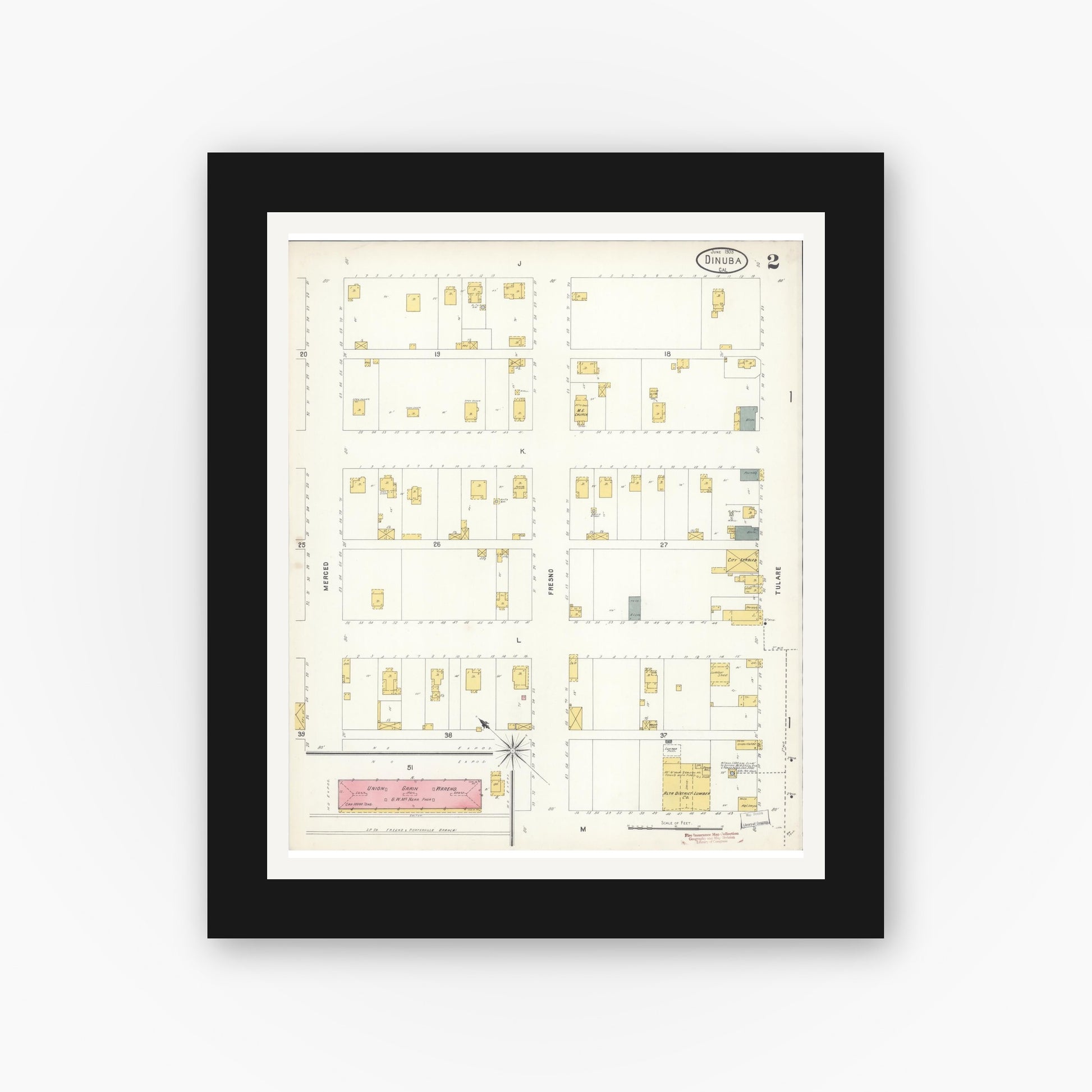 Old map wall art mockup — black gallery frame with white mat — Sanborn Fire Insurance Map from Dinuba, Tulare County, California (1903), Sheet #0002