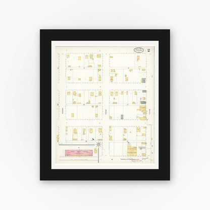Old map wall art mockup — black gallery frame with white mat — Sanborn Fire Insurance Map from Dinuba, Tulare County, California (1903), Sheet #0002