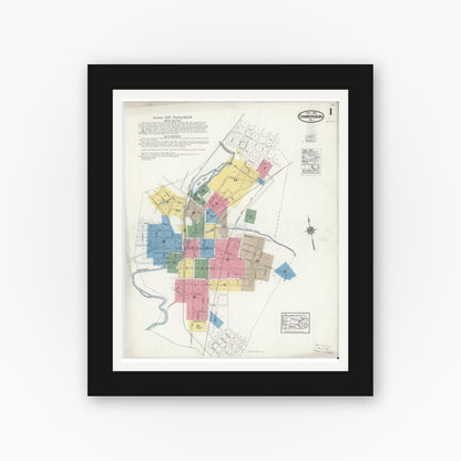 Old map wall art mockup — black gallery frame with white mat — Sanborn Fire Insurance Map from Chambersburg, Franklin County, Pennsylvania (1916), Sheet #0001