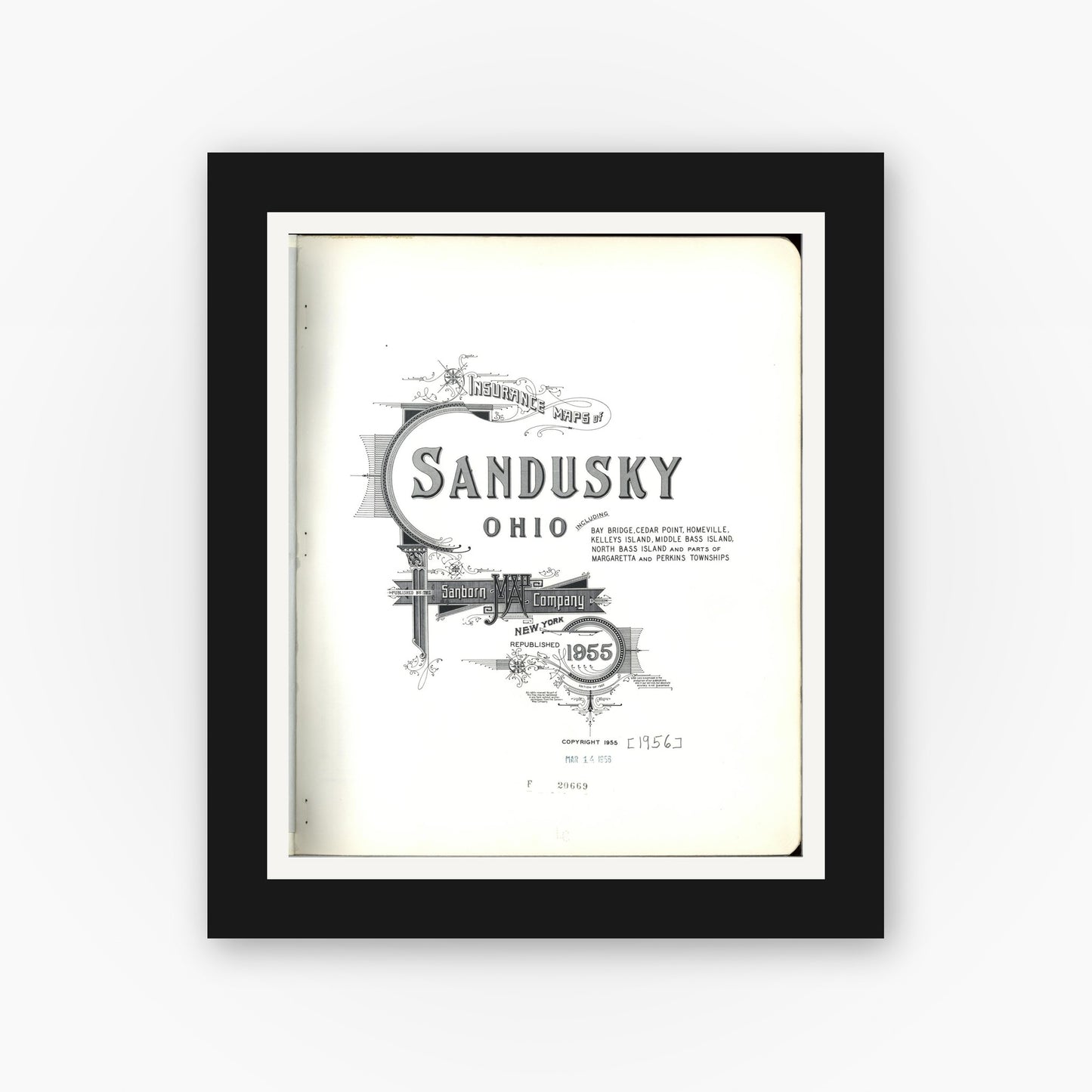 Old map wall art mockup — black gallery frame with white mat — Sanborn Fire Insurance Map from Sandusky, Erie County, Ohio (1955), Sheet #0001
