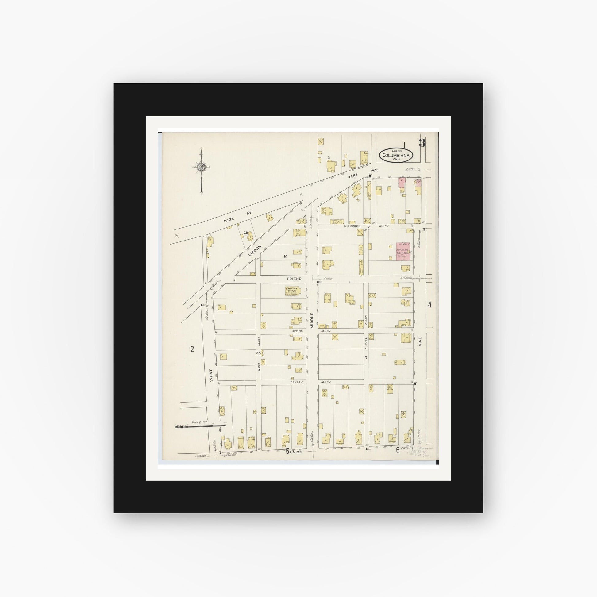 Old map wall art mockup — black gallery frame with white mat — Sanborn Fire Insurance Map from Columbiana, Columbiana County, Ohio (1915), Sheet #0003