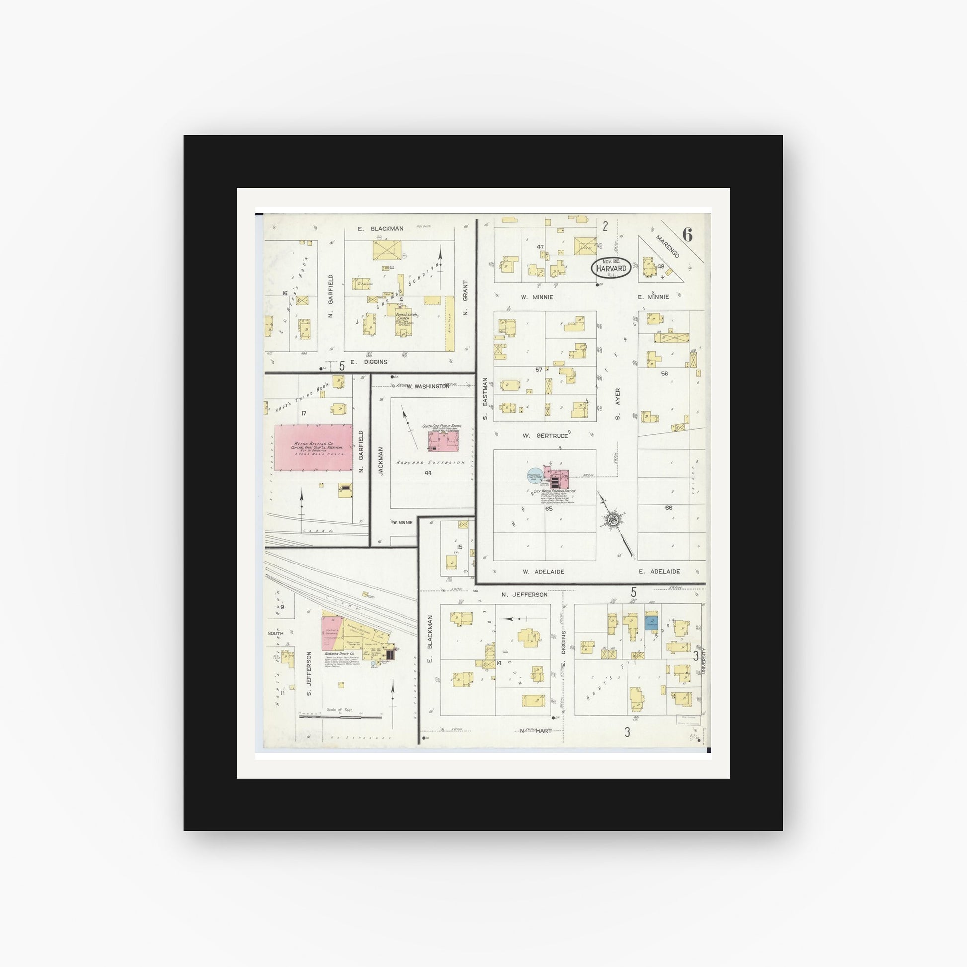 Old map wall art mockup — black gallery frame with white mat — Sanborn Fire Insurance Map from Harvard, McHenry County, Illinois (1912), Sheet #0006