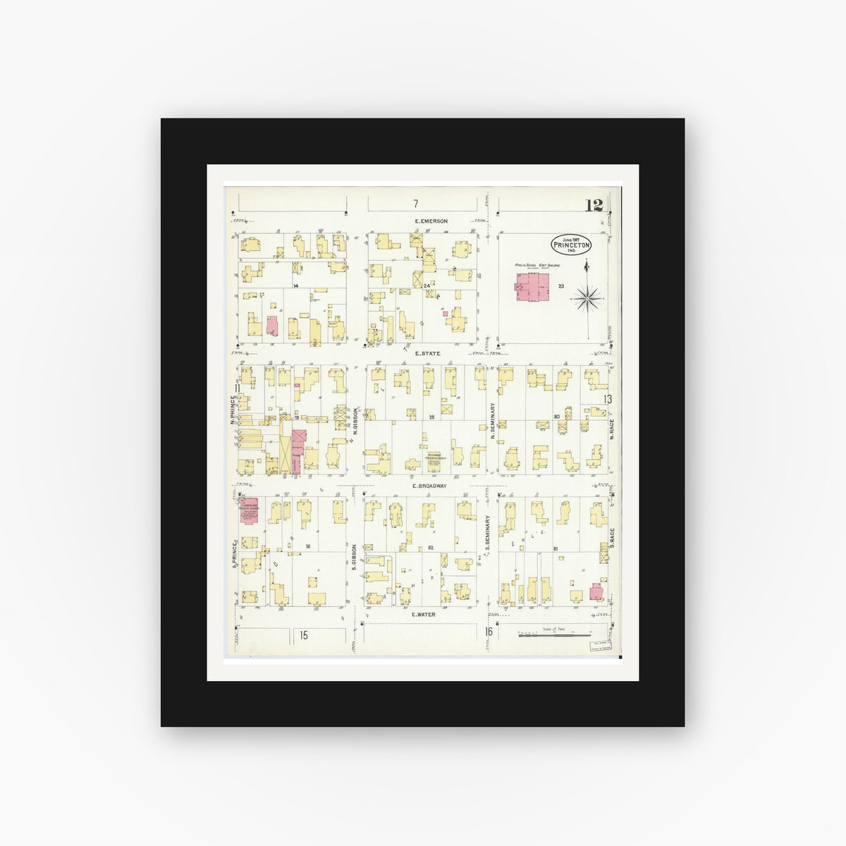 Old map wall art mockup — black gallery frame with white mat — Sanborn Fire Insurance Map from Princeton, Gibson County, Indiana (1907), Sheet #0012